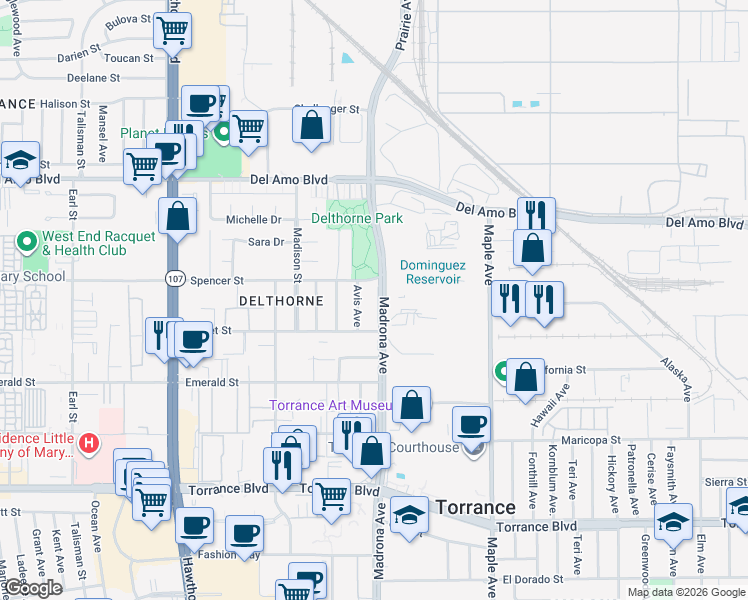 map of restaurants, bars, coffee shops, grocery stores, and more near 20514 Avis Avenue in Torrance