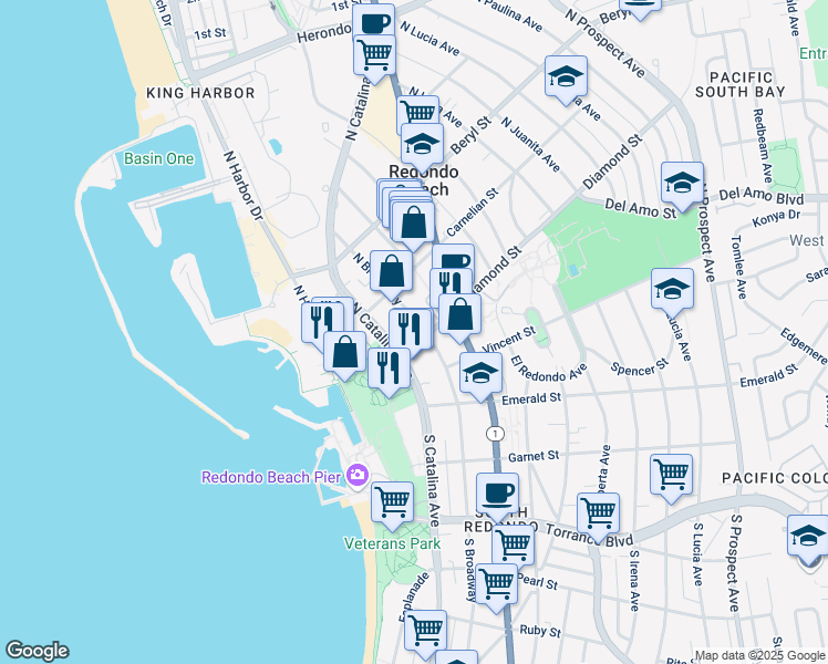 map of restaurants, bars, coffee shops, grocery stores, and more near in Redondo Beach