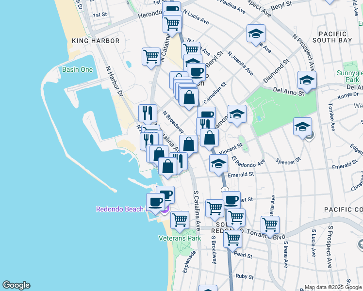 map of restaurants, bars, coffee shops, grocery stores, and more near in Redondo Beach