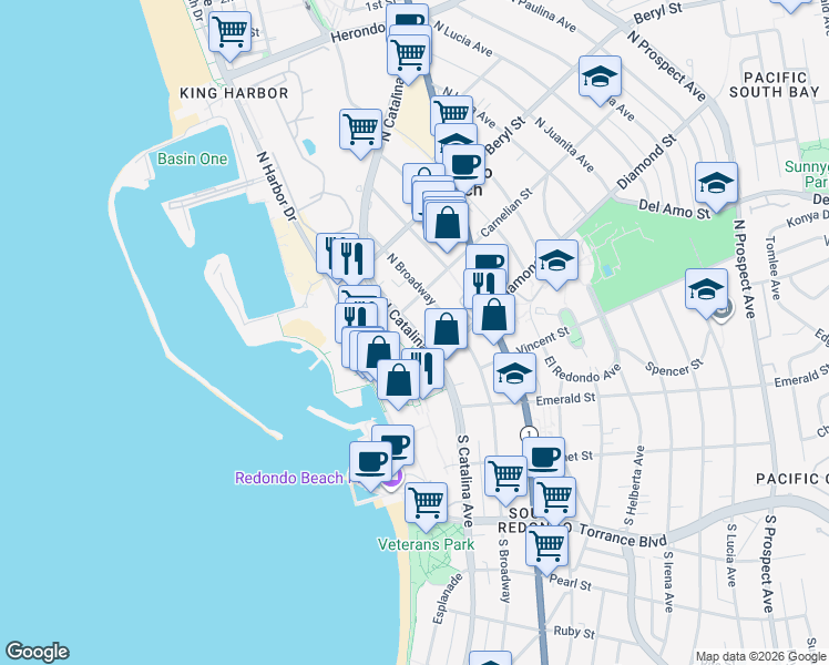 map of restaurants, bars, coffee shops, grocery stores, and more near 20 North Catalina Avenue in Redondo Beach
