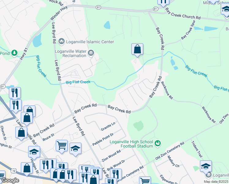 map of restaurants, bars, coffee shops, grocery stores, and more near 632 Hunters Cove Lane in Loganville