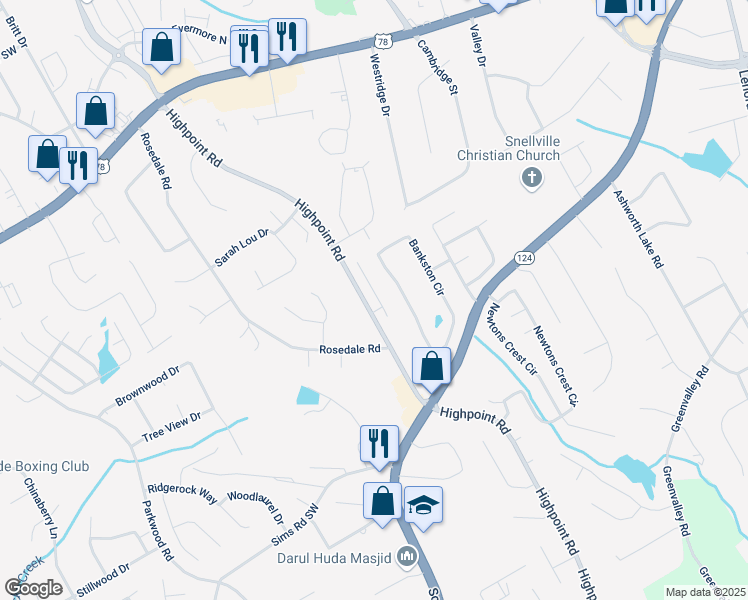 map of restaurants, bars, coffee shops, grocery stores, and more near 2580 Norwich Trace in Snellville