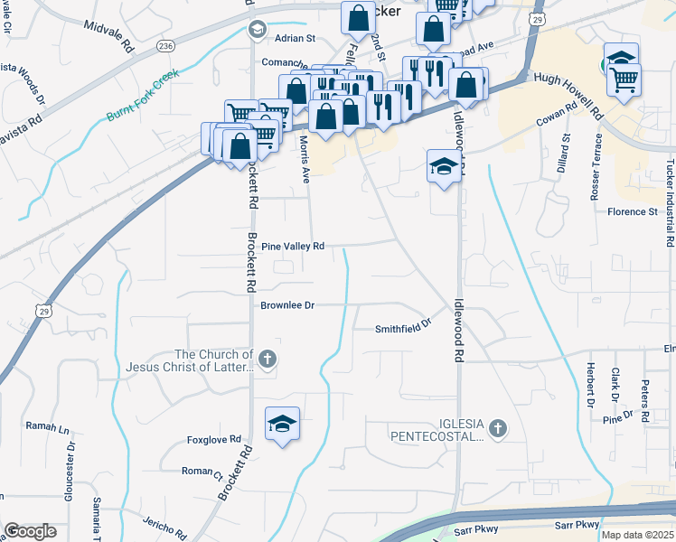 map of restaurants, bars, coffee shops, grocery stores, and more near 4127 Pine Valley Road in Tucker