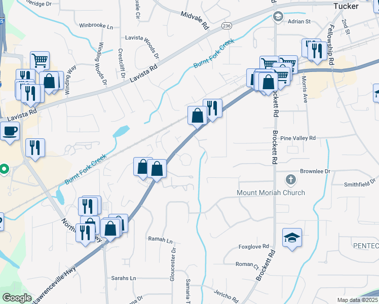 map of restaurants, bars, coffee shops, grocery stores, and more near in Tucker
