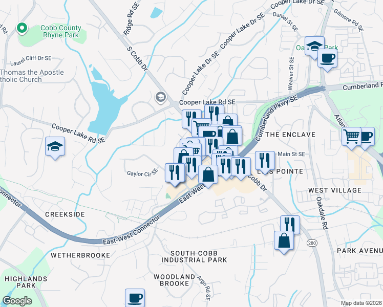 map of restaurants, bars, coffee shops, grocery stores, and more near 4382 Ivy Glen Way Southeast in Smyrna