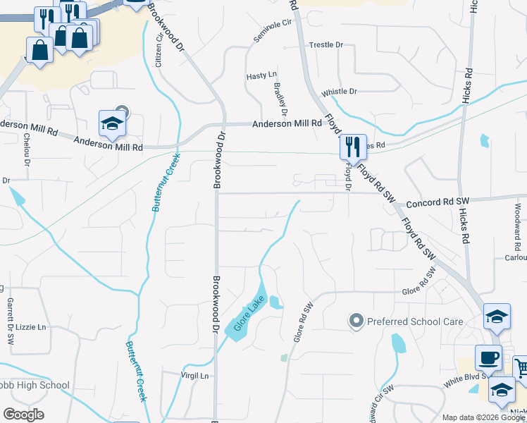map of restaurants, bars, coffee shops, grocery stores, and more near 4487 Brookwood Drive in Mableton