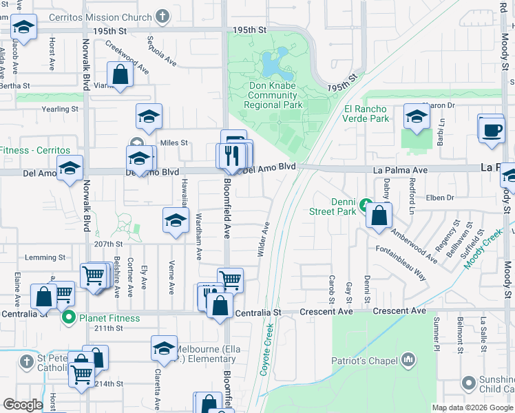 map of restaurants, bars, coffee shops, grocery stores, and more near 12653 Vandemere Street in Lakewood