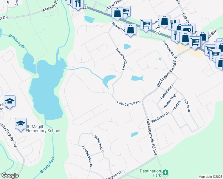 map of restaurants, bars, coffee shops, grocery stores, and more near 3885 Weeping Willow Lane in Loganville