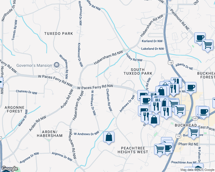 map of restaurants, bars, coffee shops, grocery stores, and more near 212 West Paces Ferry Road Northwest in Atlanta