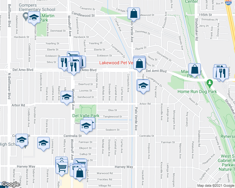 map of restaurants, bars, coffee shops, grocery stores, and more near 4738 Canehill Avenue in Lakewood
