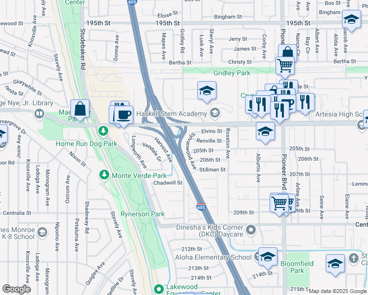 map of restaurants, bars, coffee shops, grocery stores, and more near 20437 Sylvanwood Avenue in Lakewood