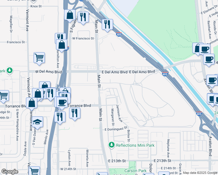 map of restaurants, bars, coffee shops, grocery stores, and more near 267 East Dominguez Street in Carson
