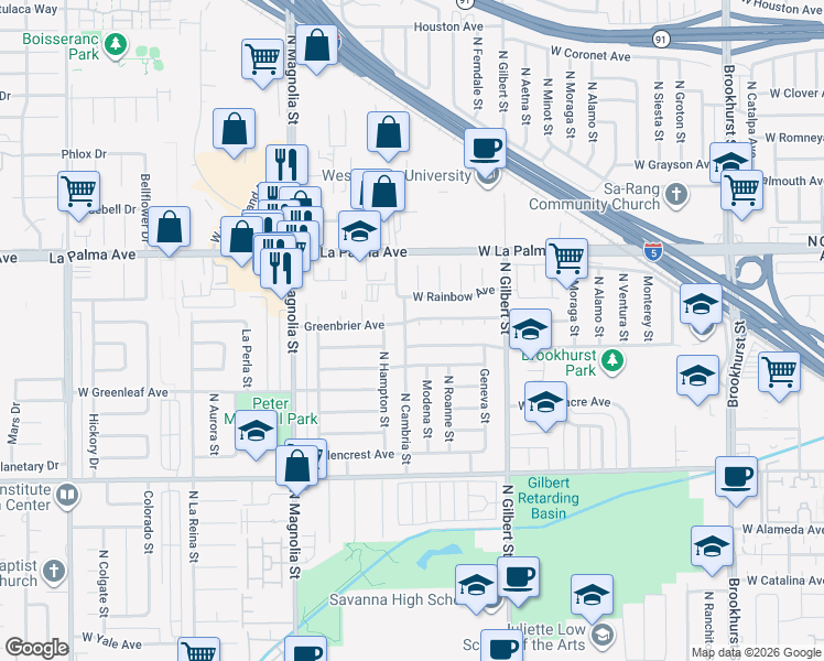 map of restaurants, bars, coffee shops, grocery stores, and more near 927 North Alona Place in Anaheim