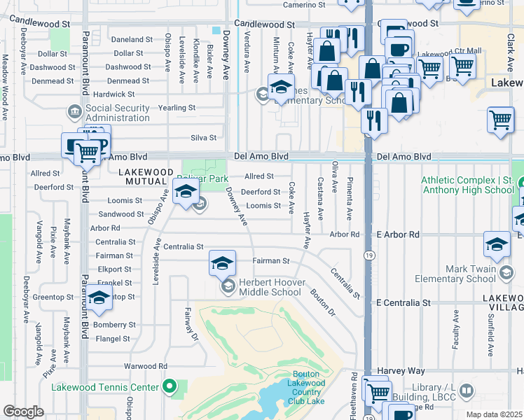 map of restaurants, bars, coffee shops, grocery stores, and more near 3612 Loomis Street in Lakewood