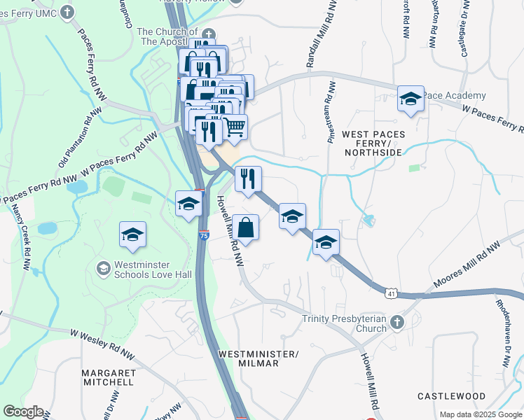 map of restaurants, bars, coffee shops, grocery stores, and more near 3286 Northside Parkway Northwest in Atlanta