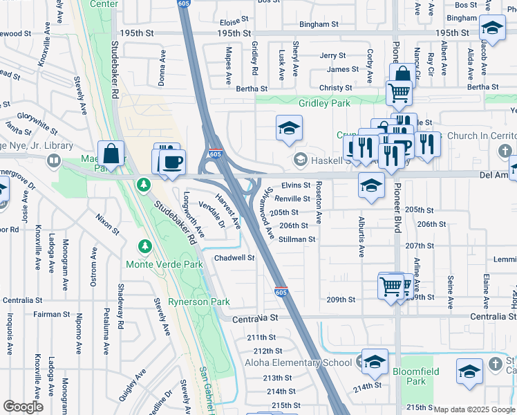 map of restaurants, bars, coffee shops, grocery stores, and more near 20437 Sylvanwood Avenue in Lakewood
