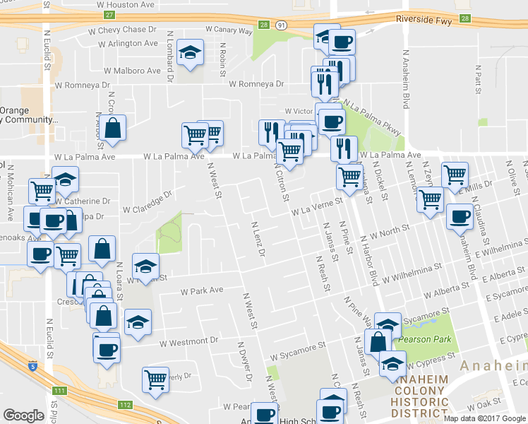 map of restaurants, bars, coffee shops, grocery stores, and more near 909 North Winter Street in Anaheim