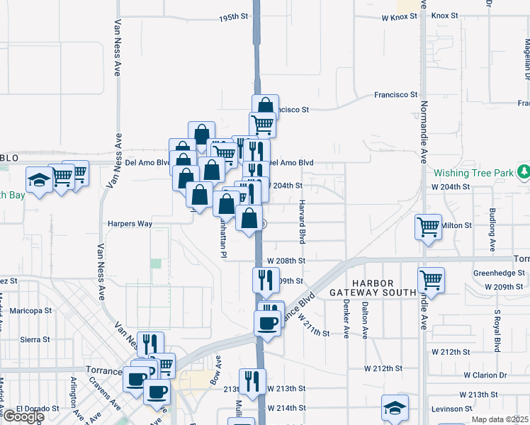 map of restaurants, bars, coffee shops, grocery stores, and more near 20512 South Western Avenue in Torrance