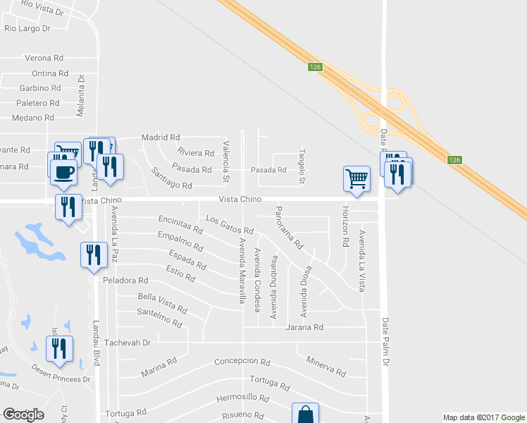 map of restaurants, bars, coffee shops, grocery stores, and more near 68570 San Felipe Rd in Cathedral City
