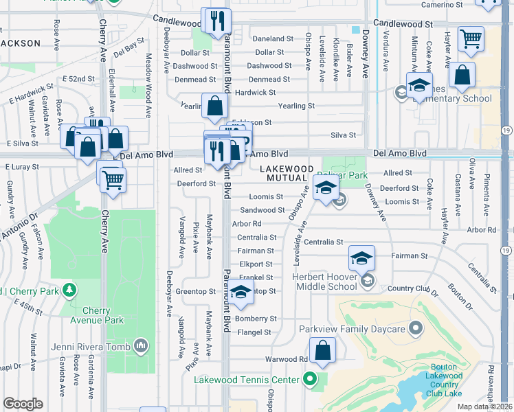 map of restaurants, bars, coffee shops, grocery stores, and more near 2808 Loomis Street in Lakewood