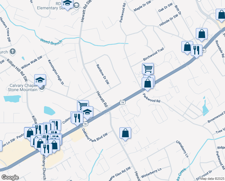 map of restaurants, bars, coffee shops, grocery stores, and more near 3607 Rainbow Circle Southwest in Snellville