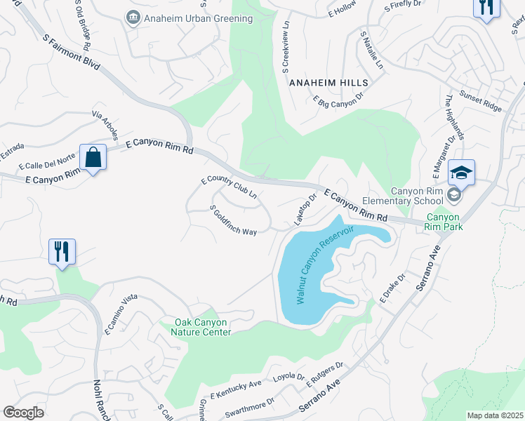 map of restaurants, bars, coffee shops, grocery stores, and more near 7166 East Mockingbird Way in Anaheim