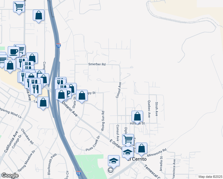 map of restaurants, bars, coffee shops, grocery stores, and more near 7550 Poppy Street in Corona