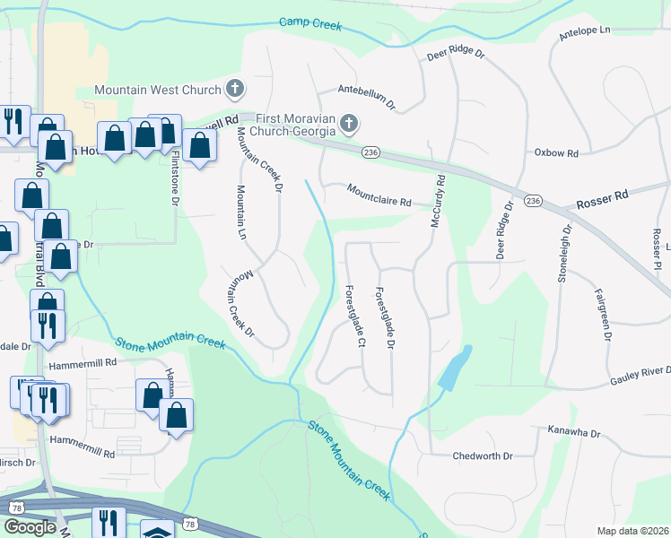 map of restaurants, bars, coffee shops, grocery stores, and more near 2079 Mountain Creek Road in Stone Mountain