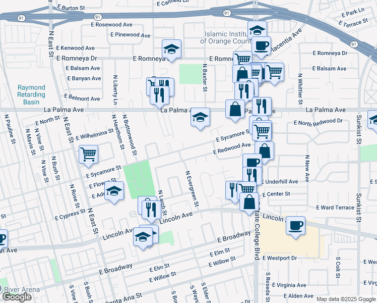 map of restaurants, bars, coffee shops, grocery stores, and more near 1716 East Sycamore Street in Anaheim