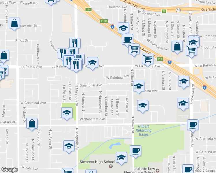 map of restaurants, bars, coffee shops, grocery stores, and more near 927 North Alona Place in Anaheim