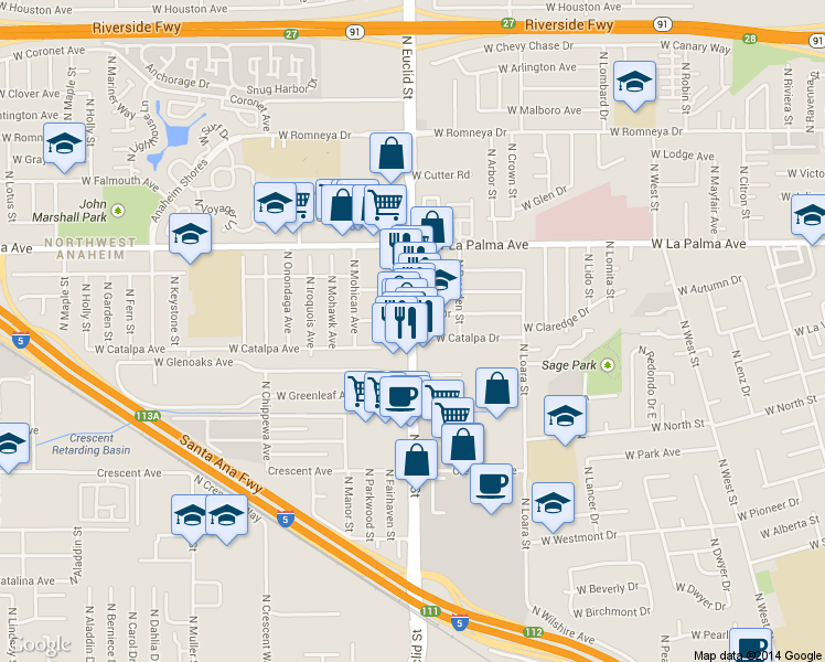 map of restaurants, bars, coffee shops, grocery stores, and more near 911 N Euclid St in Anaheim