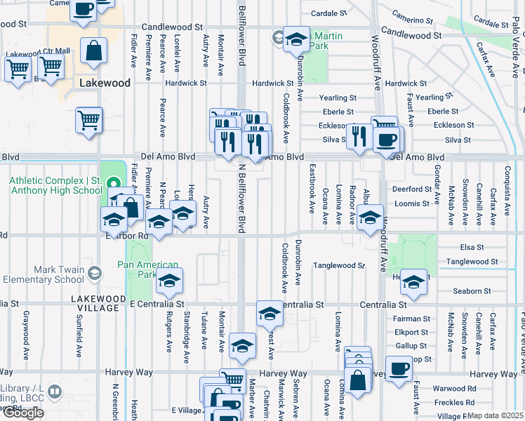 map of restaurants, bars, coffee shops, grocery stores, and more near 4751 Briercrest Avenue in Lakewood