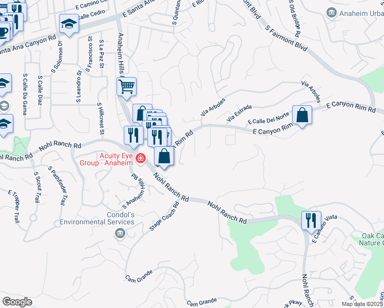map of restaurants, bars, coffee shops, grocery stores, and more near 581 South Paseo de Luna in Anaheim