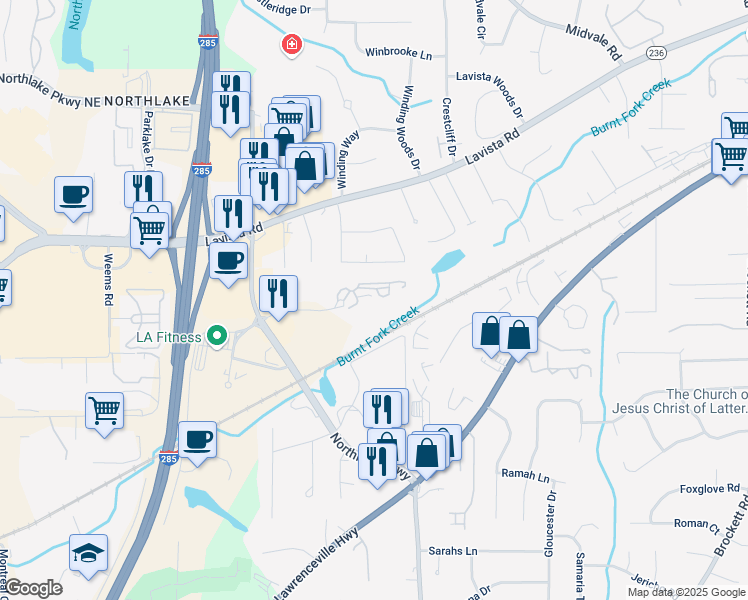 map of restaurants, bars, coffee shops, grocery stores, and more near 2100 East Exchange Place in Tucker