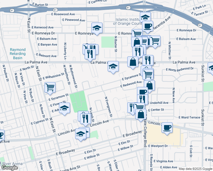 map of restaurants, bars, coffee shops, grocery stores, and more near 1716 East Sycamore Street in Anaheim