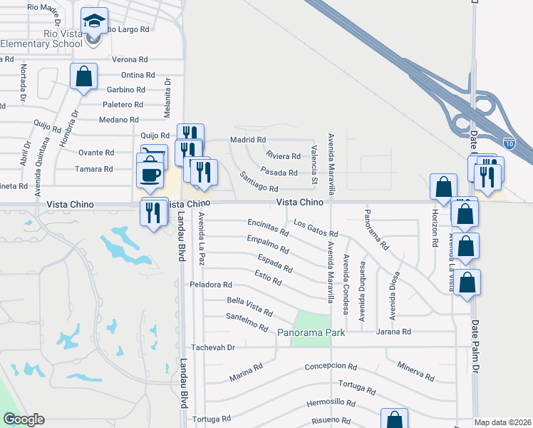 map of restaurants, bars, coffee shops, grocery stores, and more near 68185 Berros Court in Cathedral City