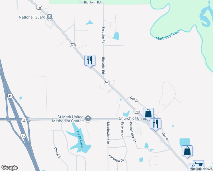map of restaurants, bars, coffee shops, grocery stores, and more near 529 Mississippi 145 in Aberdeen