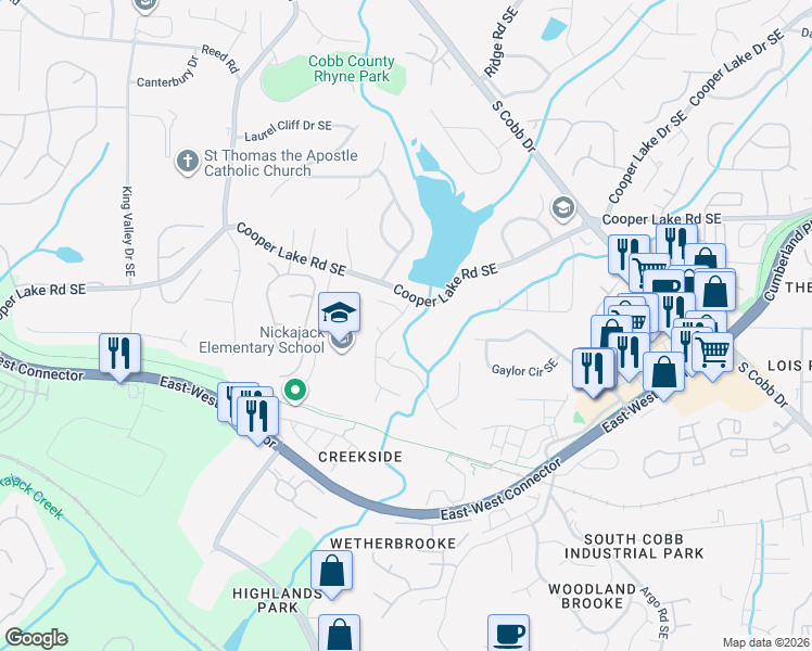 map of restaurants, bars, coffee shops, grocery stores, and more near 4091 Laurel Springs Way Southeast in Smyrna