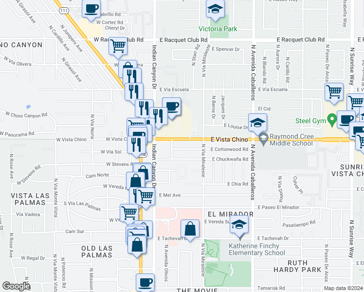 map of restaurants, bars, coffee shops, grocery stores, and more near 448 East Cottonwood Road in Palm Springs