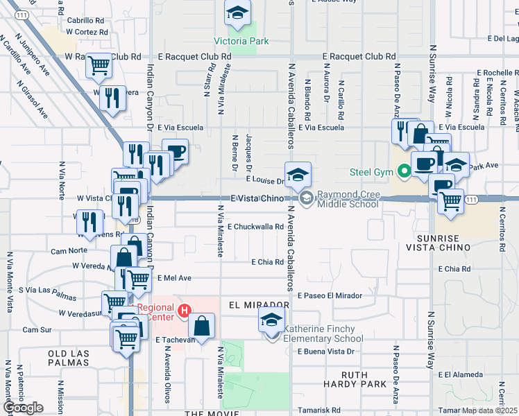 map of restaurants, bars, coffee shops, grocery stores, and more near 800 East Cottonwood Road in Palm Springs