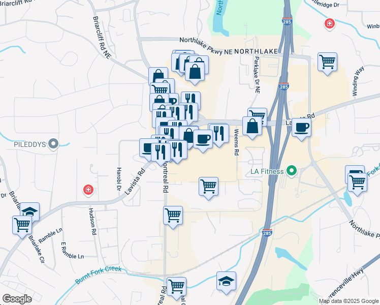 map of restaurants, bars, coffee shops, grocery stores, and more near 3983 Lavista Road in Tucker