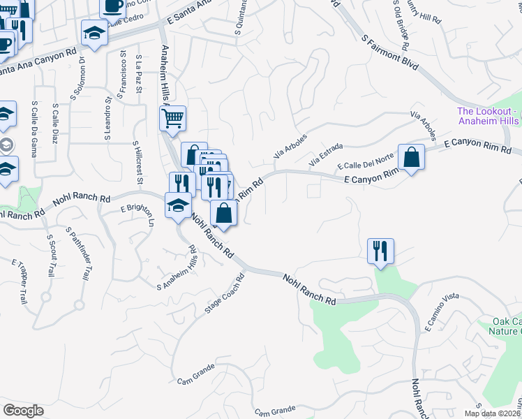 map of restaurants, bars, coffee shops, grocery stores, and more near 581 South Paseo de Luna in Anaheim