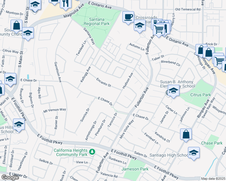 map of restaurants, bars, coffee shops, grocery stores, and more near 870 Encanto Street in Corona