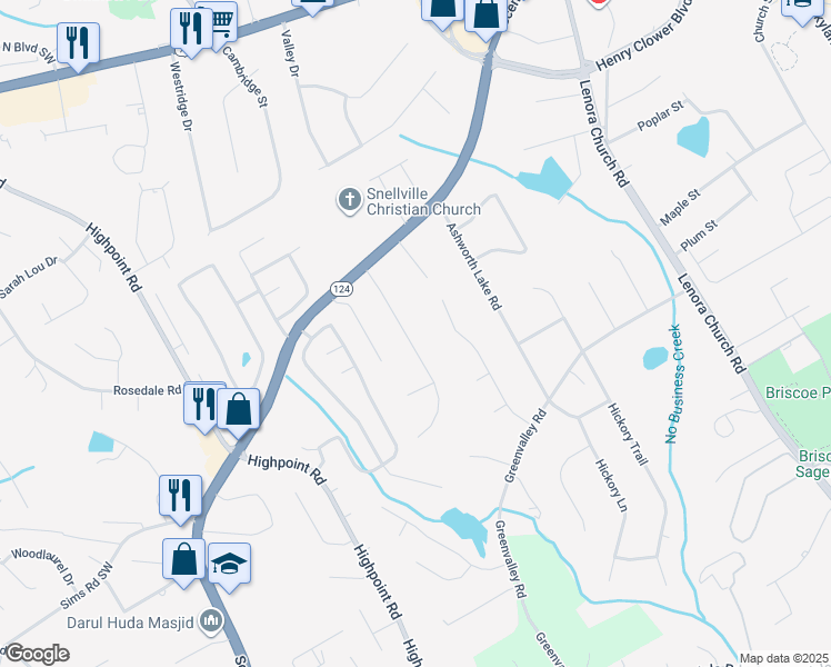 map of restaurants, bars, coffee shops, grocery stores, and more near 2572 Pamela Drive Southwest in Snellville