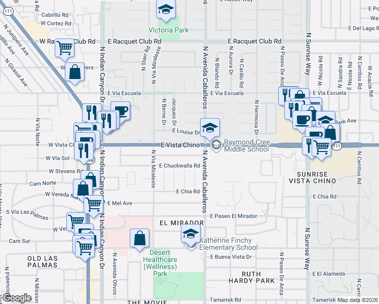 map of restaurants, bars, coffee shops, grocery stores, and more near 920 East Cottonwood Road in Palm Springs