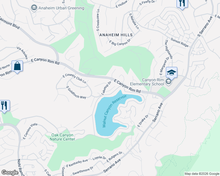 map of restaurants, bars, coffee shops, grocery stores, and more near 846 South Bluebird Circle in Anaheim