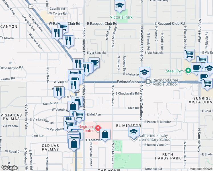 map of restaurants, bars, coffee shops, grocery stores, and more near 522 East Cottonwood Road in Palm Springs