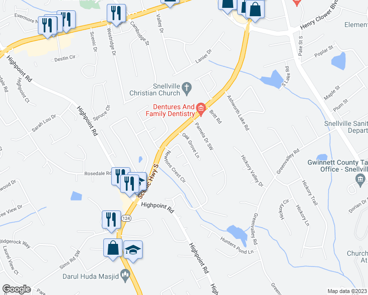 map of restaurants, bars, coffee shops, grocery stores, and more near 2923 Newtons Crest Circle in Snellville