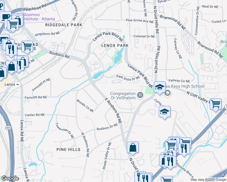 map of restaurants, bars, coffee shops, grocery stores, and more near 1063 Lynmoor Drive Northeast in Atlanta