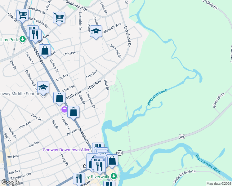 map of restaurants, bars, coffee shops, grocery stores, and more near 403 Tolar Lane in Conway